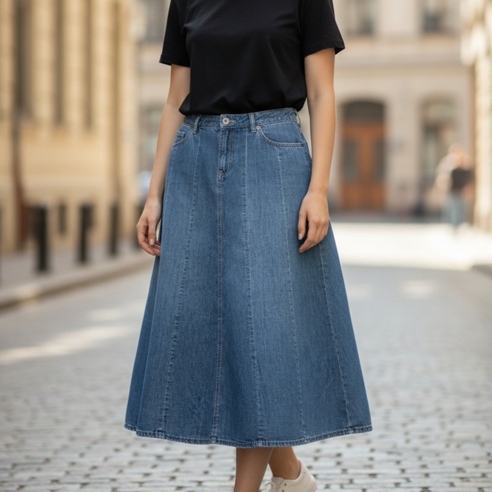 J. Jill Maxi Denim 100% Cotton Jean Skirt Double Stitch Design Side Zip sz 10